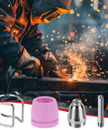 Pro Grade Plasma Cutter Consumables Kit With Cutting Tips And Nozzles, 50 Piece Set, shown with sparks and plasma cutting torch