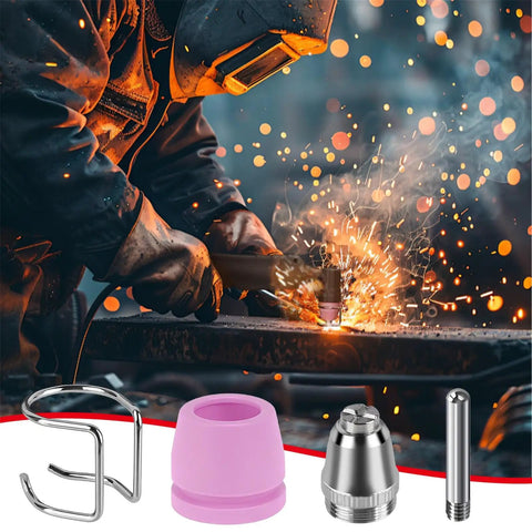 Pro Grade Plasma Cutter Consumables Kit With Cutting Tips And Nozzles, 50 Piece Set, shown with sparks and plasma cutting torch