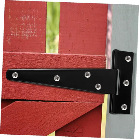 8 Pack 5 Inch Black Painted Galvanized T Shape Weld On Exterior Door Hinges for mobile homes, sheds, garages, and cabinets shown in use