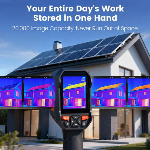 Go-To Handheld Thermal Camera With 512x384 Thermal Resolution And 256x192 IR displaying house roof inspection, 3.5 inch screen view