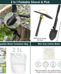 Survival kit with 2-in-1 foldable shovel and pick, 16-inch black tool, crossbody bag