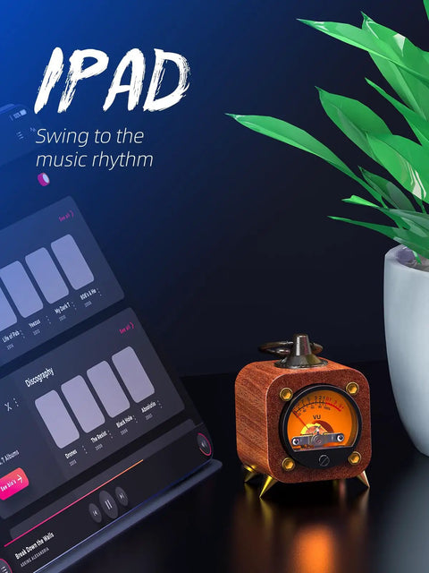 Wireless Retro Analog VU Meter Panel Display With Warm Backlight And Sound Level Indicator Dope Audio Level Amp Music Sync Pickup Rhythm Ambient Lights For Home Studio And DJ Setup, wood desk unit