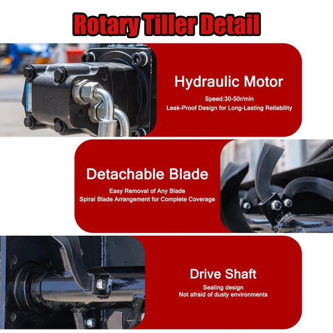 Hydraulic motor, detachable blade, and drive shaft details for 70 Inch Hydraulic Rotary Tiller Attachment For Skid Steer Loaders