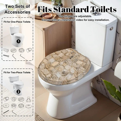 Round Stone wall Toilet Seat placed on a standard toilet, showcasing resin material and adjustable hinges for easy installation.