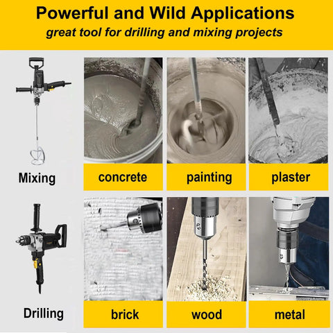 Beast Mode 10 Amp Corded Drill Mixer Kit with five eighth inch chuck mixing concrete, paint, plaster; drilling brick, wood, metal