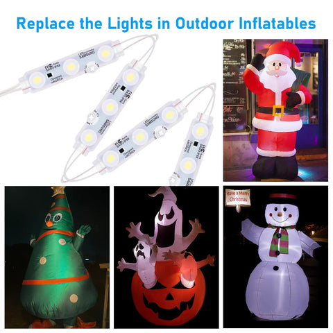 Lit 100 Ft White LED Window Light Strands For Storefront Advertising Waterproof 12V 5050 Modules With Remote Dimmer 10 Pack Kit For Signs And Retail Displays showcased with holiday inflatables