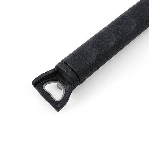 Close-up of rubber handle with bottle opener of Grill Cleaning Brush With Nylon Bristles And Scraper, Heavy Duty BBQ Grill Cleaner Tool.