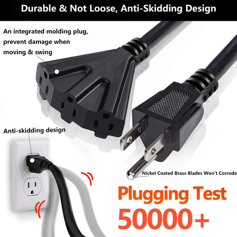 150 Ft 12 Gauge Heavy Duty Black Extension Cord With 3 Outlets For Outdoor And Indoor Use Waterproof 3 Prong Power Cable