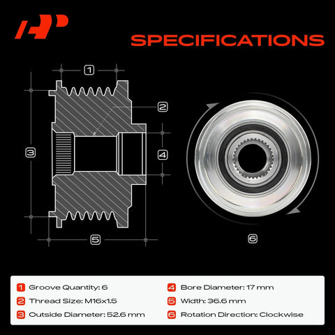 Specifications diagram for Alternator Freewheel Clutch Pulley With 6 Grooves Clockwise For Nissan Altima 2007 To 2013 2.5L And Rogue 2010 To 2014 2.5L Valeo Alternator Replacement Part, showing dimensions and construction details.