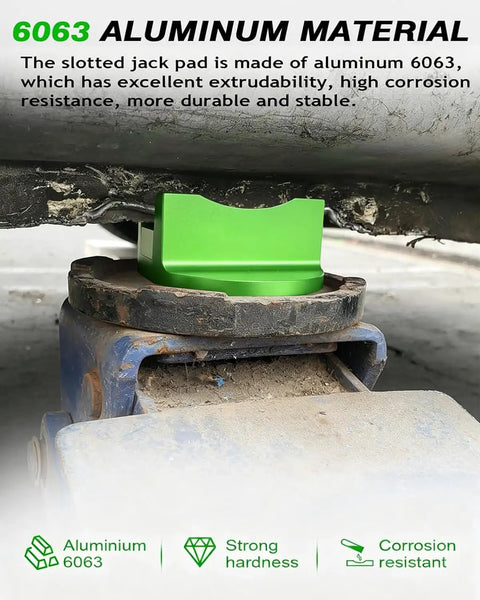 Magnetic Pinch Weld Jack Pad With Aluminum Slotted Design For Floor Jacks, Weld Frame Rail Adapter, green pad installed on jack