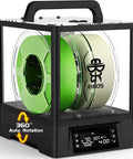 3D Printer Filament Dryer Box With Auto Rotation And Humidity Hold showing two spools, 360 degree heating, black frame