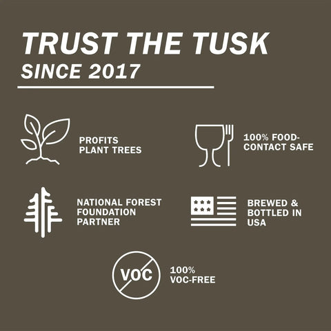 Infographic highlighting 100 Percent Pure Tung Oil Wood Finish Black Straight Up Durable attributes like VOC-free and food-safe.