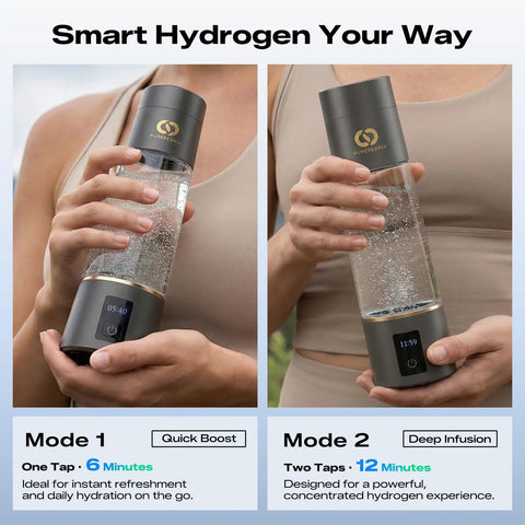 Person holding Top Shelf Hydrogen Water Bottle Generator With 6400 PPB Molecular Hydrogen IHSA Certified 10 Oz Capacity Dual Mode Infusion