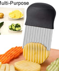 Stainless steel crinkle cutter with a black non-slip handle for cutting potatoes and vegetables into wavy fries.