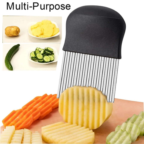 Stainless steel crinkle cutter with a black non-slip handle for cutting potatoes and vegetables into wavy fries.