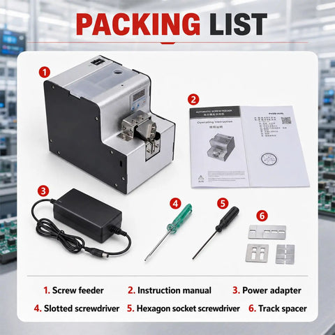 Packing list for Heavy Duty Automatic Screw Feeder Machine With Smart Precision Counting Capabilities, includes tools and manual.