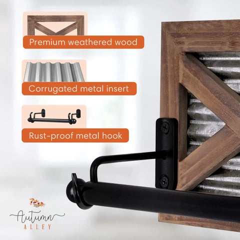 Close-up of rustic farmhouse toilet paper holder wall mount in warm brown wood with galvanized metal and black finish detailing.