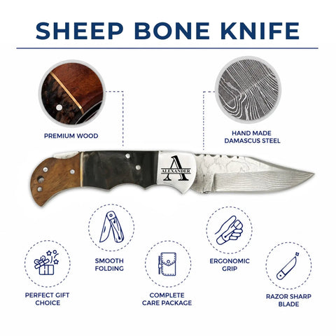 Personalized Sheep Bone Pocket Knife With Engraving For Him Dad Husband Boyfriend And Groomsmen Gifts For Anniversary Birthday Camping Hiking Everyday Carry, premium wood handle, Damascus steel blade.
