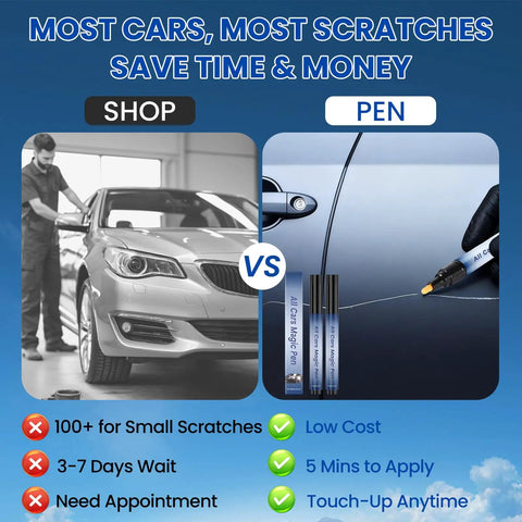 Comparison of car repair methods with a Magic Pen Car Scratch Remover For Vehicles versus professional shop service.