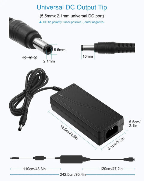 24V 3A 72W AC To DC Power Supply For LED Strips 5050 3528 And CCTV Cameras, 5.5x2.1mm DC output, plug dimensions shown.