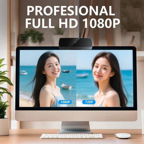 Crisp 1080P HD Webcam For PC Laptop And Desktop USB Streaming Camera With Built In Microphone shown on computer monitor display