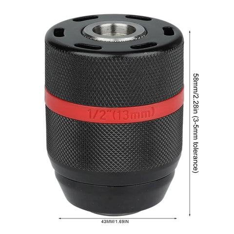 Keyless Drill Chuck 1/2-20UNF Mount with 1-13 mm bit capacity, black with red band, shown with size dimensions, for woodworking and metalworking.