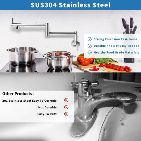 Pot Filler Faucet Wall Mount Stainless Steel Kitchen Faucet With Foldable Stretch Arm And Double Joint Swing, easy installation