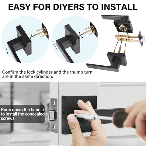 Installation of Heavy Duty Hall And Closet Door Lock With Square Lever Matte Black Zinc Alloy For Passage Doors