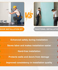 Comparison of door installation kit vs traditional installation showing safety and efficiency benefits