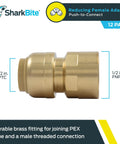 12 Pack 1/2 Inch FNPT Push To Connect Brass Plumbing Adapter Fittings For Quick Transitions From Pipe To MNPT Thread In PEX Copper CPVC PE-RT HDPE And Other Pipe Materials No-Hassle Install. Image shows brass adapter with 1/2 inch FNPT and PTC dimensions.