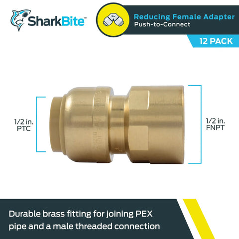 12 Pack 1/2 Inch FNPT Push To Connect Brass Plumbing Adapter Fittings For Quick Transitions From Pipe To MNPT Thread In PEX Copper CPVC PE-RT HDPE And Other Pipe Materials No-Hassle Install. Image shows brass adapter with 1/2 inch FNPT and PTC dimensions.