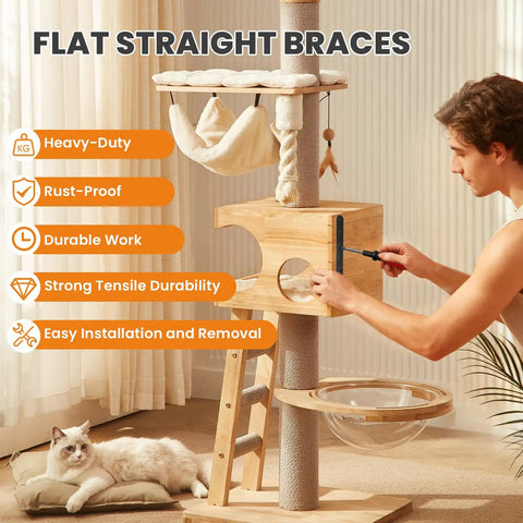 Person installing Beefy 10 Inch Stainless Steel Flat Bar Brackets Set on wooden cat tree with resting cat.