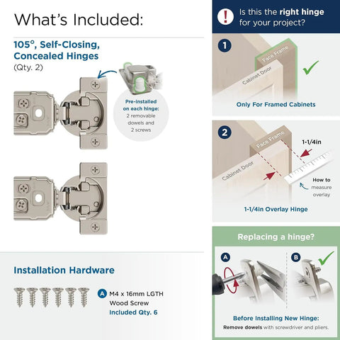 Pro Level Compact Concealed Cabinet Hinges One Pair Self Closing Face Frame Hardware with installation details and included hardware.