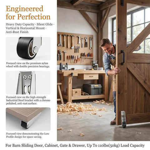 Heavy Duty Vertical Track Roller Wheels For Sliding Barn Doors And Home Cabinets Anti Wobble Bottom Guide Casters close-up on nylon wheel and steel bracket.