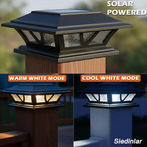 Solar Post Cap Lights For Outdoor Deck And Fence, Two Modes Warm White And Cool White, Bright LED Caps That Fit 4x4 Posts, Black Finish