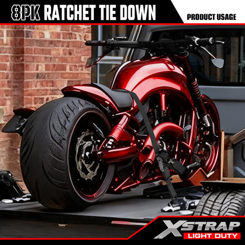 Eight Pack 1 Inch Wide By 10 Foot Ratchet Tie Down Straps Heavy Duty With 900 Pound Break Strength securing motorcycle