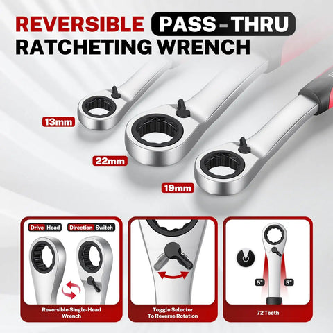 Reversible Pass-Thru Ratcheting Wrench set with 13mm, 19mm, and 22mm sizes, designed for easy rotation and access to bolts.