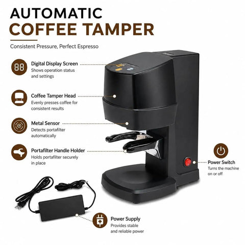58mm Automatic Electric Espresso Tamper with digital display and portafilter holder for consistent coffee prep.