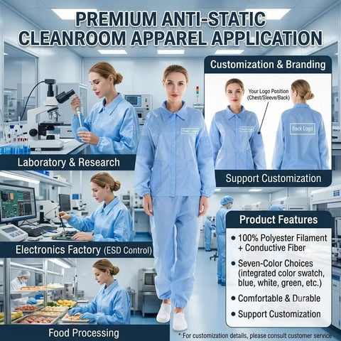 Women Anti Static Esd Cleanroom Uniform Jacket And Pants Set Real American Cut Heavy Duty Dust Proof Workwear With Conductive Grid Fabric For Tech Labs And Manufacturing in a lab setting.