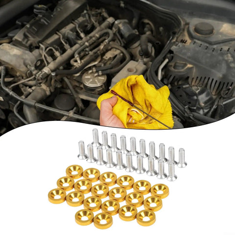 M6 Hex Head Bolt Screw Kit With Aluminum Washers For Fender, Bumper, Headlight And Trunk Mounts, 20 Piece Set, CNC Machined 6061 Aluminum Golden Finish, Engine Bay Ready, Heavy Duty Vibration Resistant Auto Body Fasteners shown in engine bay with bolts and washers