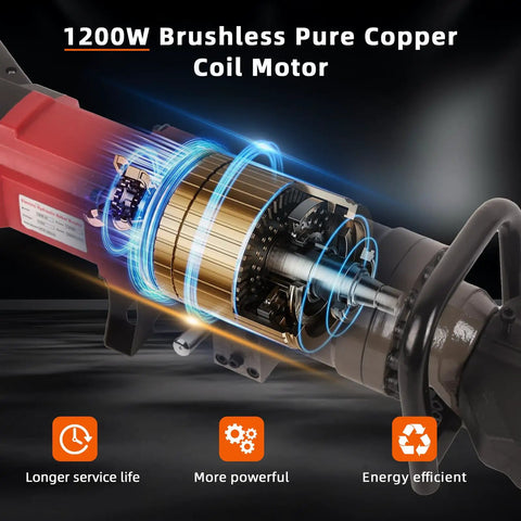Heavy Duty 1200W Electric Rebar Bender Steel Bar Bending Tool 110V Hydraulic Bender showing brushless copper coil motor design.