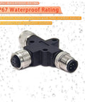 Rugged IP67 M12 5 Pin T Connector A Code Waterproof Field Wiring Adapter with three nickel-plated ports against water droplet background
