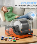 Ultra Quiet Rock Tumbler Kit With Noise Reduction Cover and polished rocks on table, person relaxing in background, indoor use