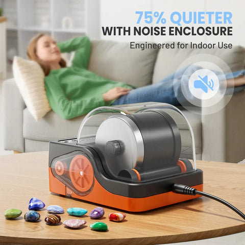Ultra Quiet Rock Tumbler Kit With Noise Reduction Cover and polished rocks on table, person relaxing in background, indoor use
