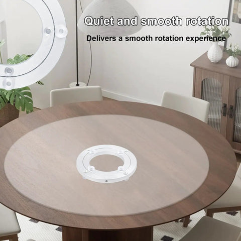Top Shelf Aluminum Alloy 4 Pack Lazy Susan Turntables With Breezy 360 Spin Action For Kitchen Cabinets Countertops And Dining Tables Straight Up Hassle Free Organizer Hardware on a wooden table.