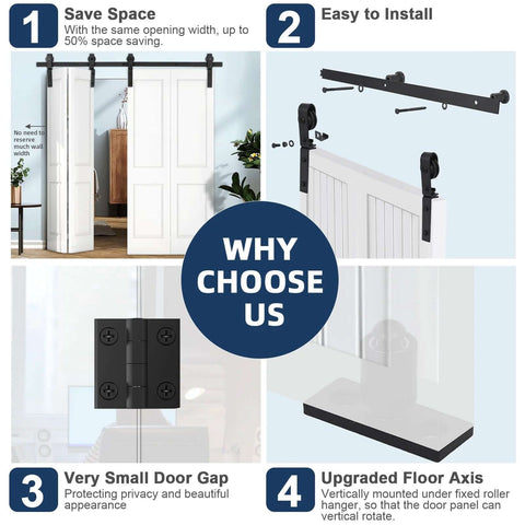 Diagram showing features of 60 Inch Bi Folding Sliding Barn Door Hardware Kit For Four Bifold Doors including installation and operation.