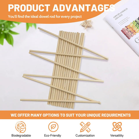Heavy Duty 20 Pack Wooden Dowel Rods 3/8 X 15 Inch Round Unfinished Hardwood Sticks Knockout Build For Sick Craft Projects DIY Tutorials Cake Tiers And Wedding Ribbon Wands arranged on a table.