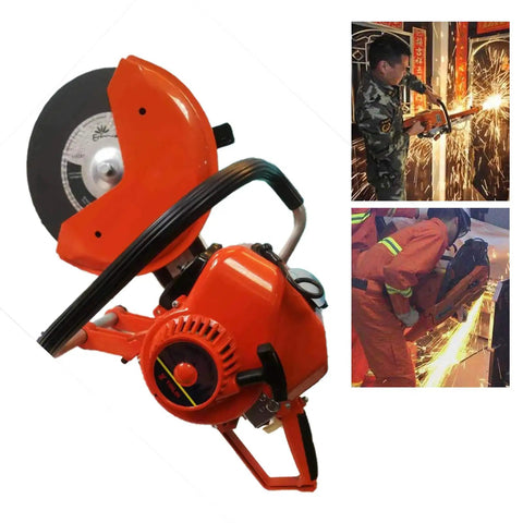 6.8HP Petrol Demolition Saw With 2-Stroke Engine cutting metal and concrete with sparks, fast 5000 RPM cutoff saw in action.