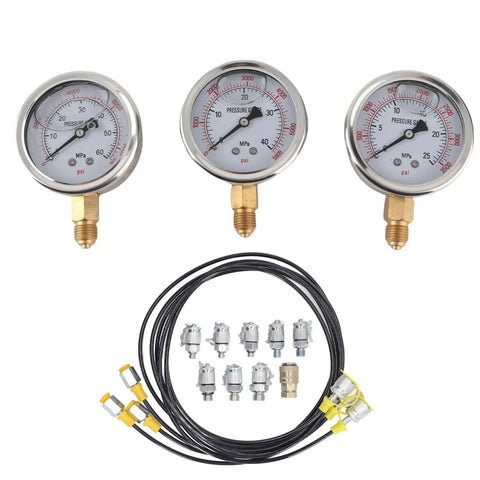 Heavy Duty Excavator Pressure Tester Kit With Easy Install Flexible Tube And Eight Couplings For High Accuracy Pump Testing In Hydraulic Systems, 3 gauges