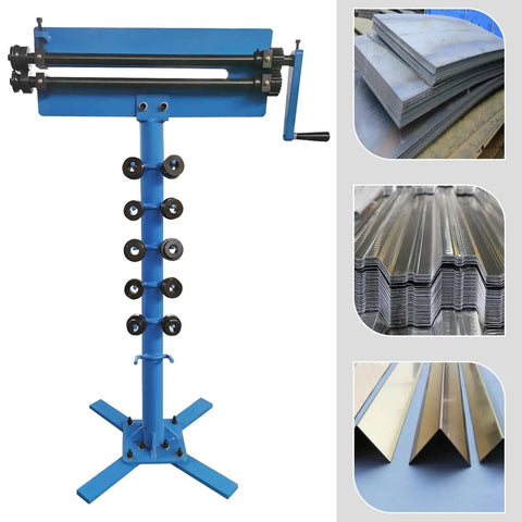 Heavy Duty Bead Roller Kit With Stand For Sheet Metal Beading And Flanging Includes Six Die Sets One Sixteenth Inch One Eighth Inch One Quarter Inch Step Dies And One Quarter Inch One Half Inch Bead Dies Pro Grade Steel Beading Tool For Metalworking displayed with die sets and metal sheets
